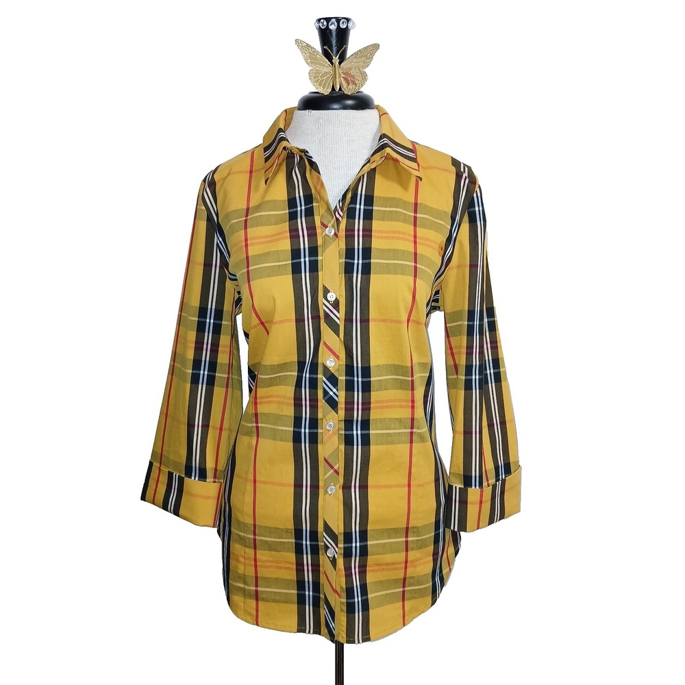 New York & Company Women Plaid Button Down Shirt Top M Mustard Yellow Preppy